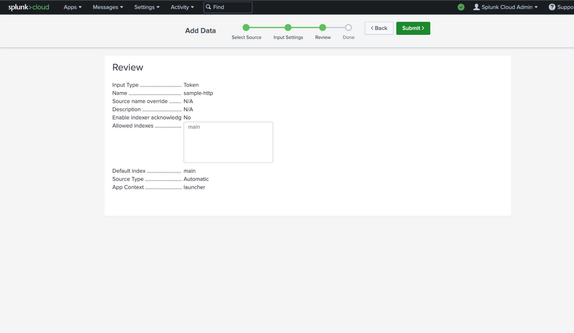 dvc splunk add data