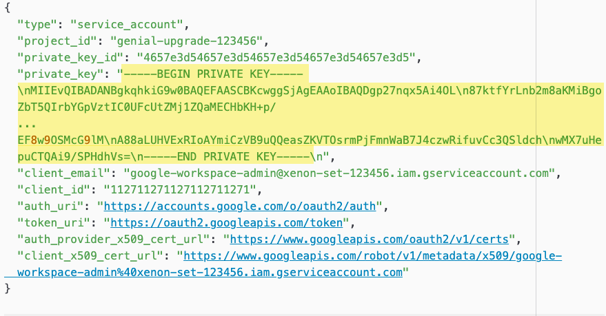 A screen capture of the .json file with the private key highlighted.