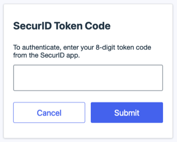 A screen capture of the default SecurID token code input interface.