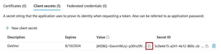 A screen capture of the client secret in Microsoft Azure.