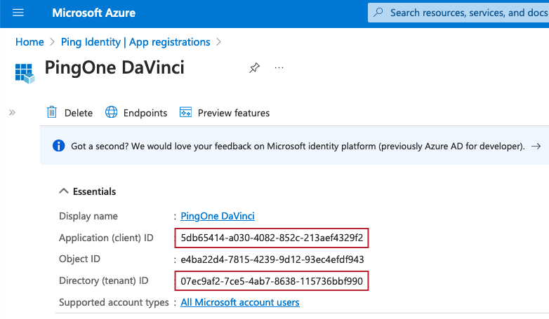 A screen capture of the application details page in Microsoft Azure.