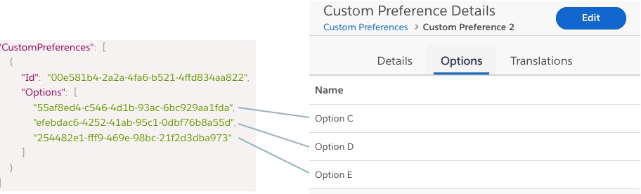 A screen capture of the example payload IDs matched up with a screen capture of the options from the Custom Preferences view.