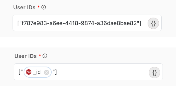 A screenshot showing two examples of how to populate the User IDs field, with either JSON or a variable.