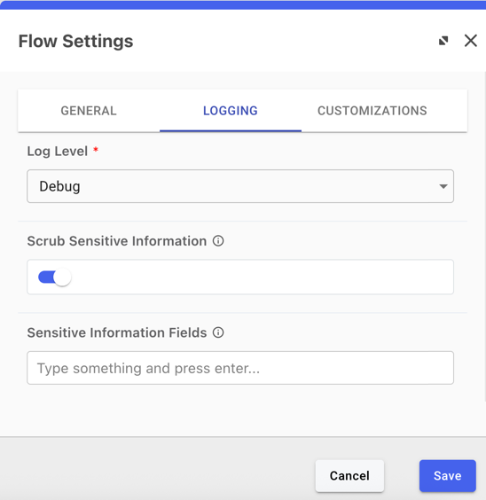 A screen capture showing a flow with the Log Level set at Debug.