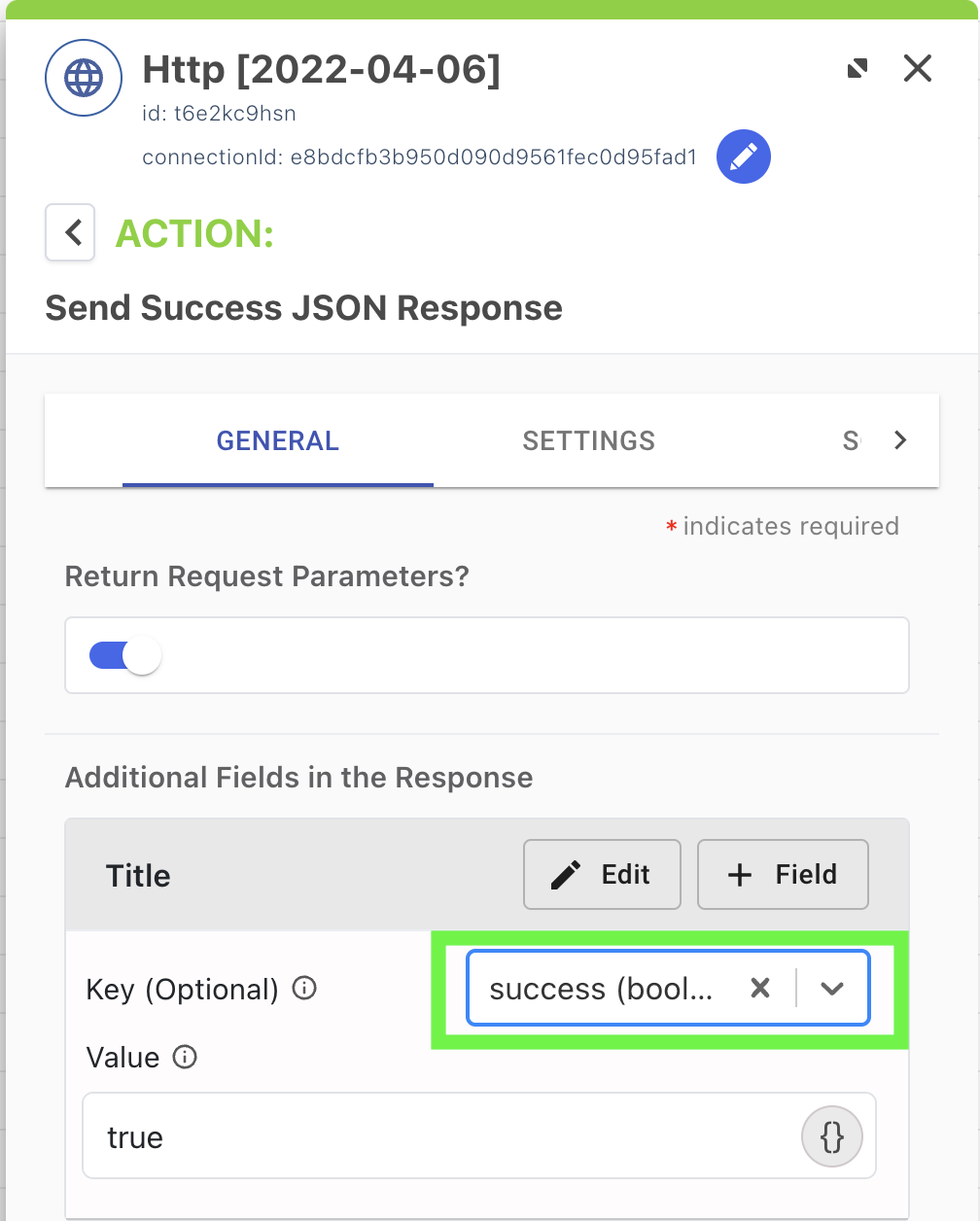 A screen capture showing the boolean success value.