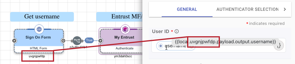 A screen capture of a flow showing the connection between a displayed Node ID and the source of a variable.