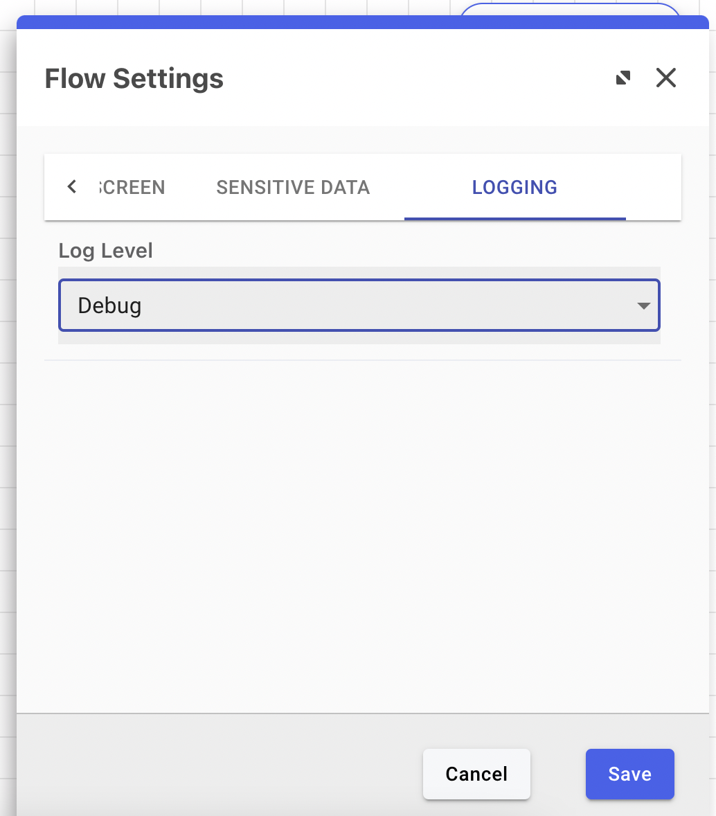 A screen capture showing a flow with the Log Level set at Debug.