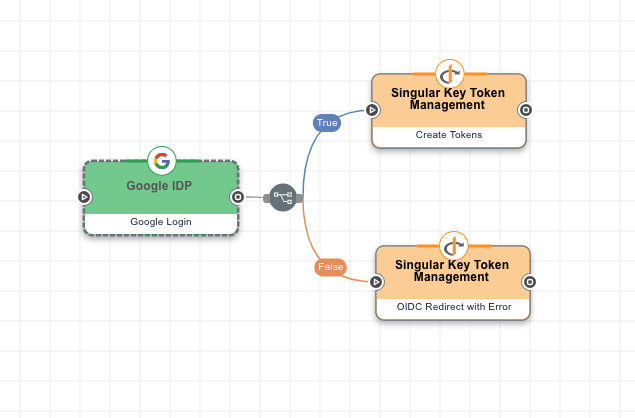 A screen capture shows a Google IDP node connected to a Token Management node with an 