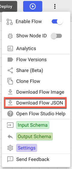 A screen capture of the Download Flow JSON option for a flow.