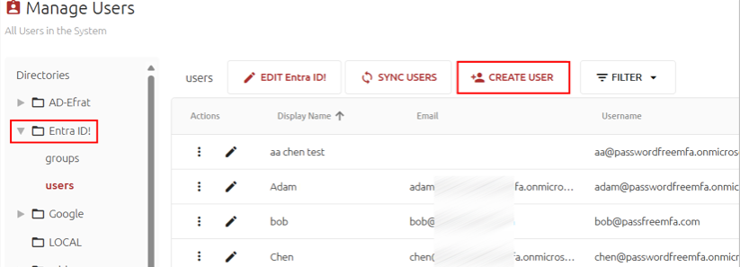 The Entra ID Create User tab on the Manage Users page.