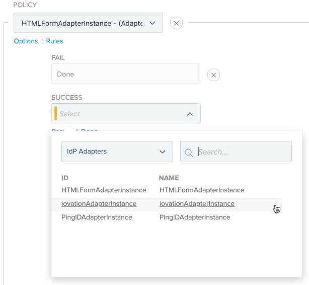 Screen capture of example adapter instance selection options.