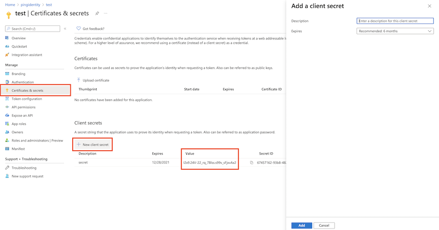 Screen capture of the Certificates and secrets page with the Certificates & secrets section in the menu highlighted along with the New client secret button and the Value field.