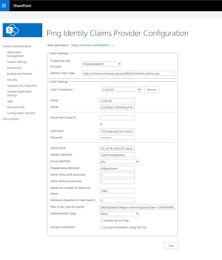A screen capture of the SharePoint configuration menu showing LDAP settings
