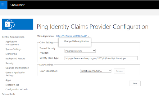 A screen capture of the SharePoint configuration menu showing how to change the Web Application