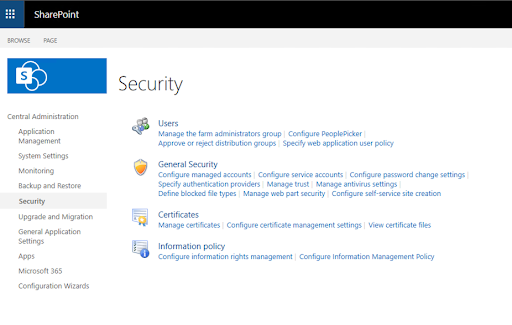 A screen capture of the SharePoint Security menu
