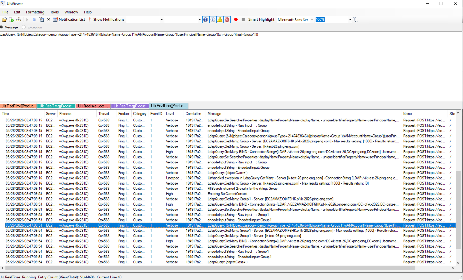 Screen capture of the log entry for the previous search