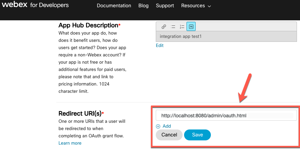 Webex integration app redirect URI
