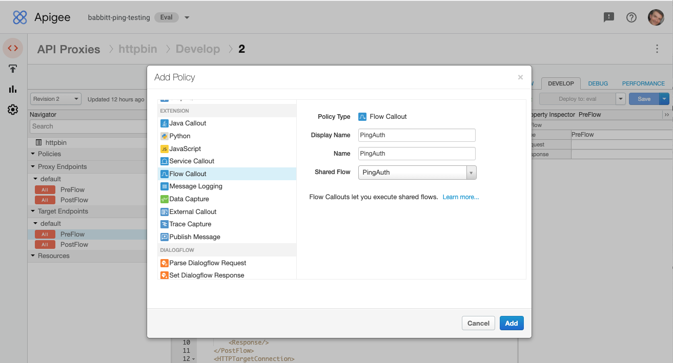 This screen capture shows the completed Flow Callout Policy on the Flow Callout tab of the Add Policy window.