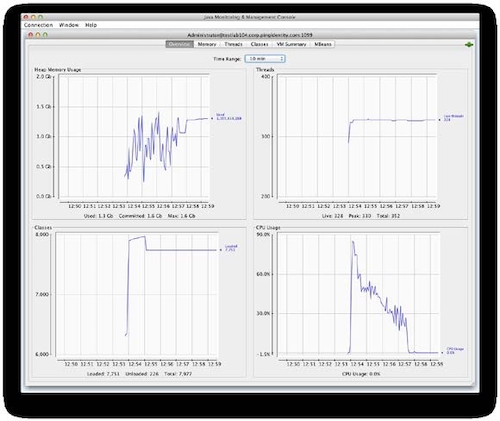 A screen capture of the Java Monitoring Console showing CPU usage charts.