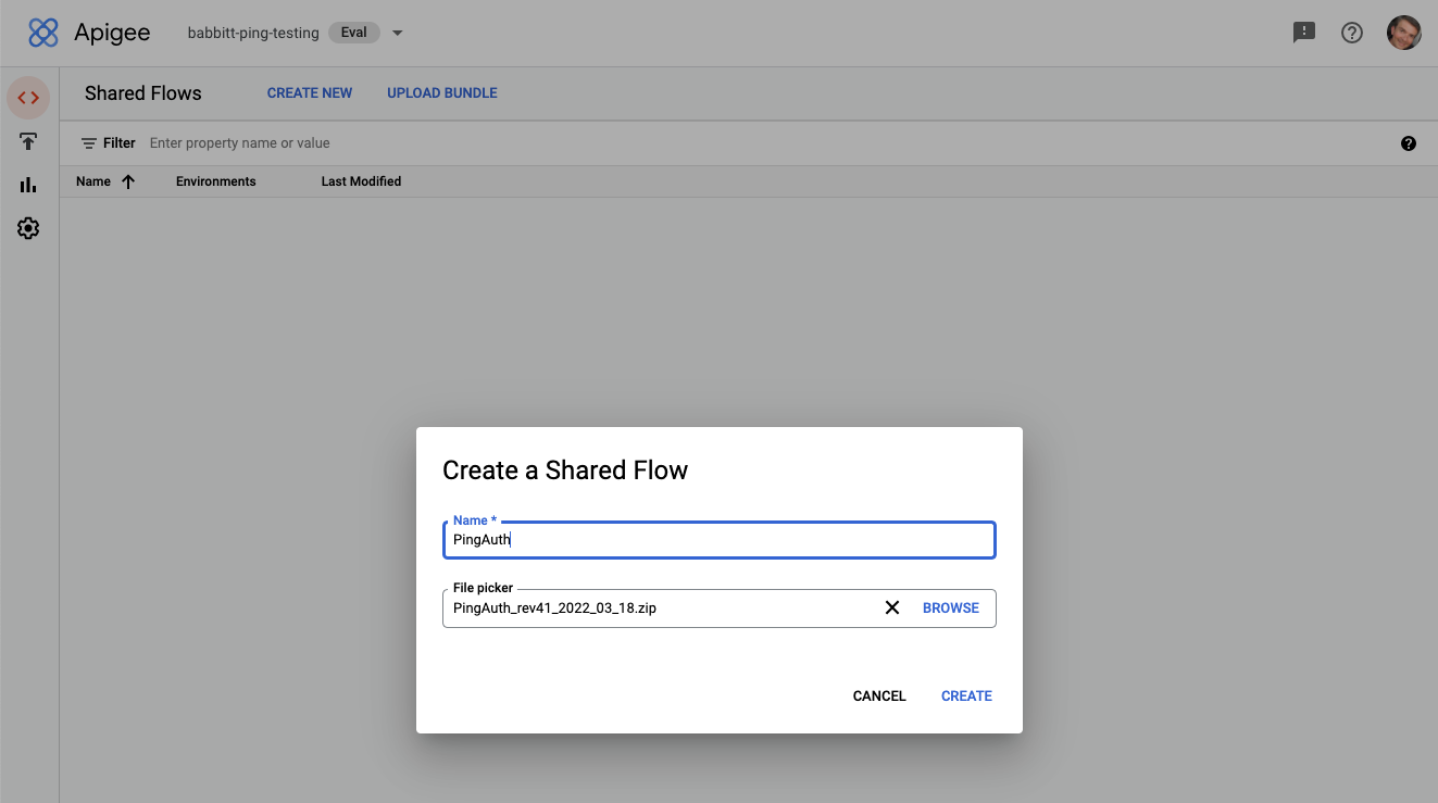 This screen capture shows the Create a Shared Flow window with the text PingAuth entered in the Name field.