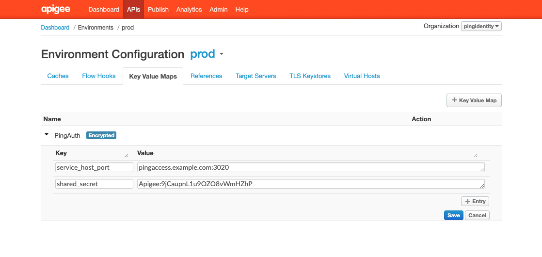 This screen capture shows a completed Apigee Edge or Apigee Private Cloud configuration on the Key Value Maps tab.