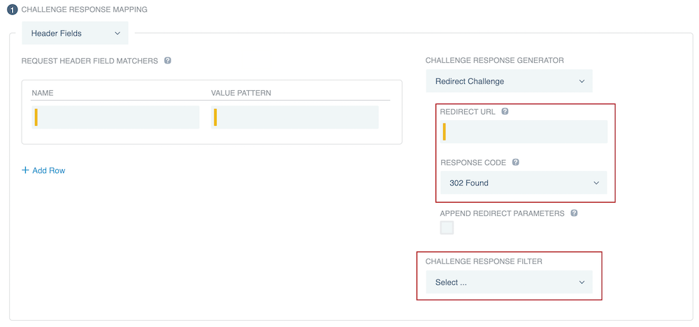 Screen capture of the Redirect URL, Response Code, and Challenge Response Filter fields, which appear when you select Redirect Challenge.