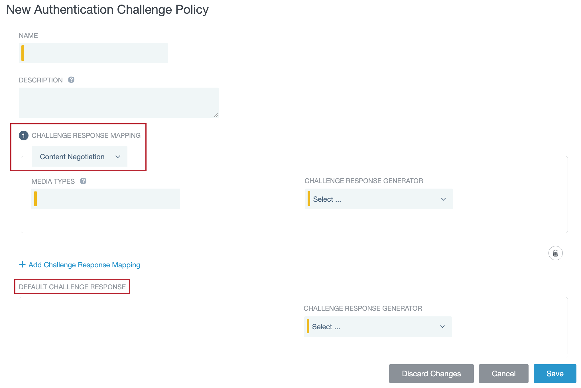 Screen capture of the New Authentication Challenge Policy page, showing the challenge response mapping and default challenge response sections.