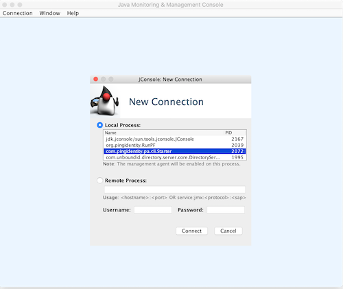 Screen capture of the JConsole: New Connection window with the local process option and the com.pingidentity.pa.cli.Starter connection highlighted.