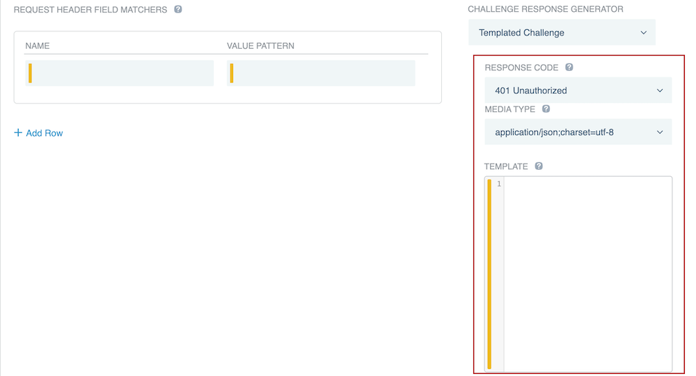 Screen capture highlighting the Response Code, Media Type, and Template fields, which appear when you select a Templated Challenge response generator.