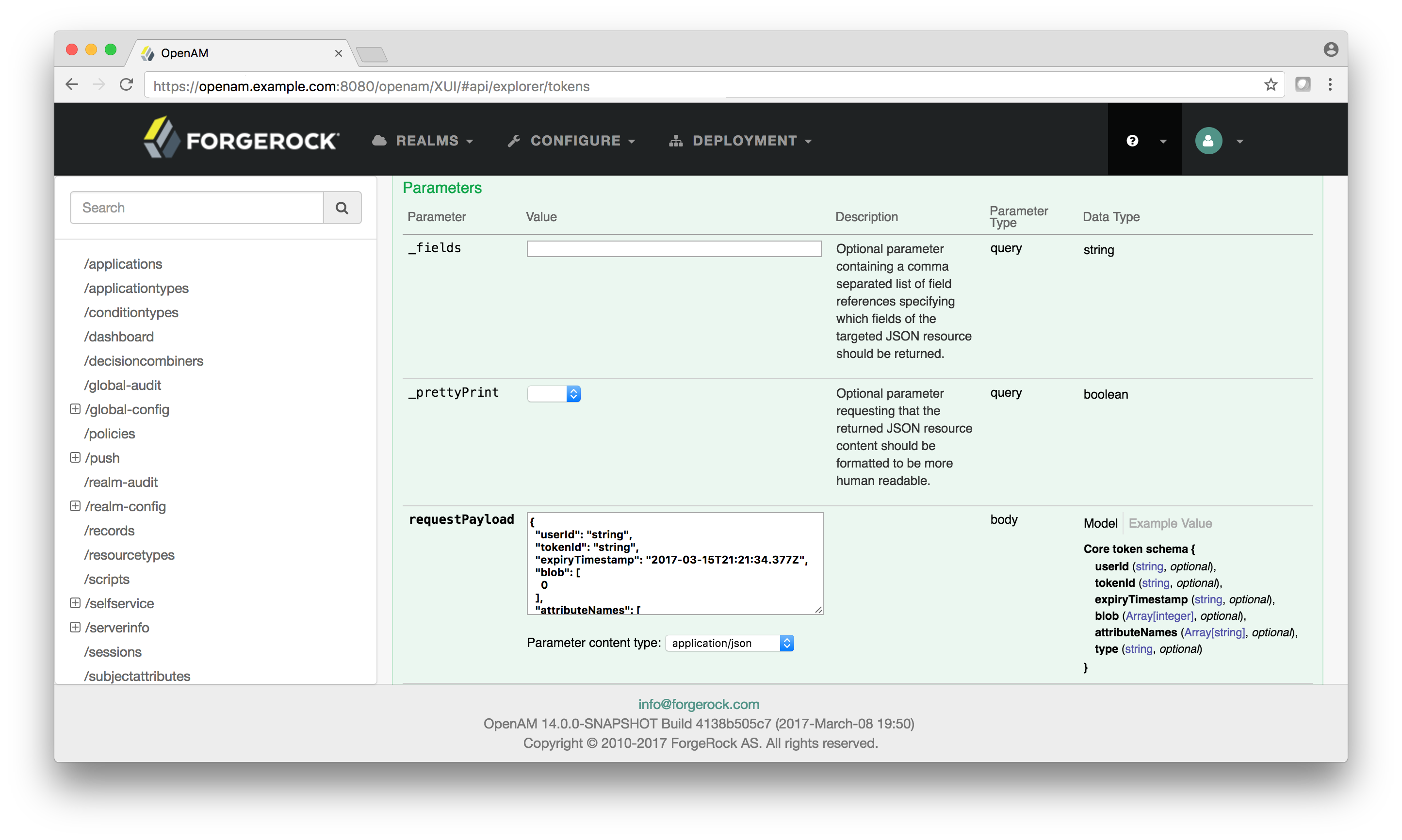 The API Explorer page provides a Try It Out function that allows you to see the possible responses to an example request. The requestPayload field also provides a Model function to display the schema.