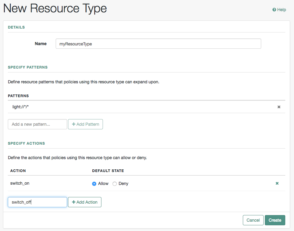 Add the patterns and actions that policies using this resource type can make use of.