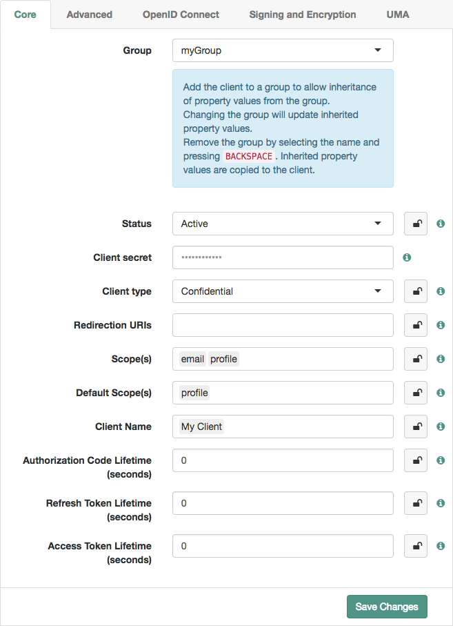 Add OAuth 2.0 Clients to a group to inherit settings.