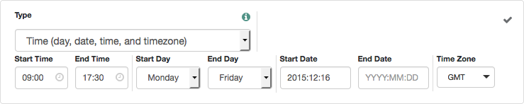 Day, date and time conditions in policies must consist of a start and an end value.