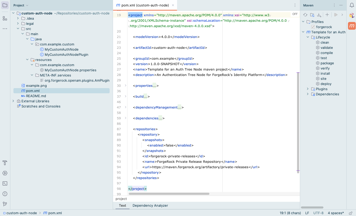 In this example, the archetype has created the basic structure required to create a custom authentication node.