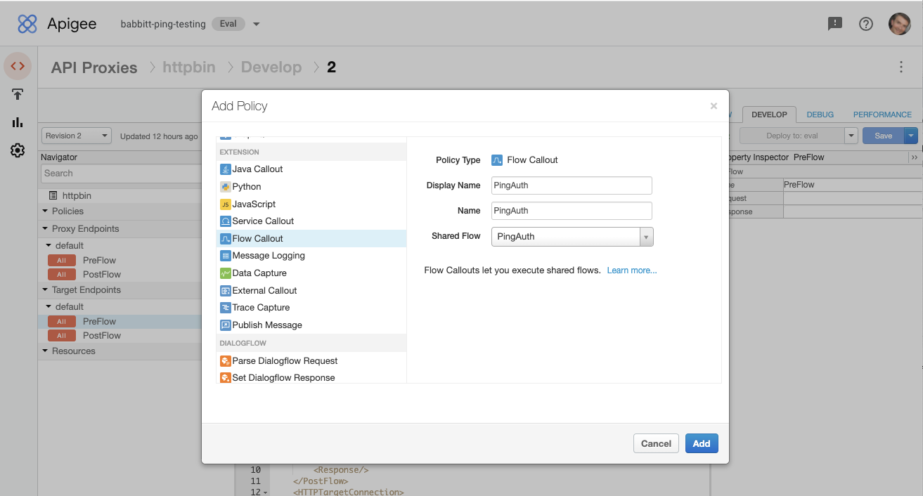 Screen capture of the Apigee Add Policy window for Flow Callout policy creation