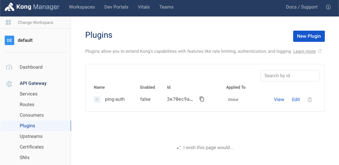 Screen capture of the Plugins window in the default workspace of Kong Manager with the ping-auth plugin loaded