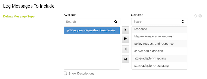 Screen capture of policy-query-request-and-response option selected in the Log Messages to Include section of the Debug Trace Log Publisher