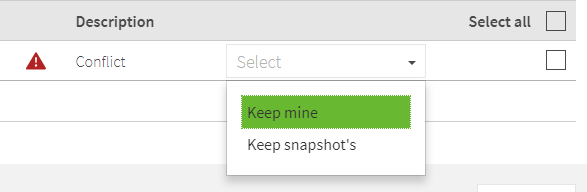 Screen capture of the Keep mine and Keep Snapshot’s options for an individual item, which you can select between to resolve a merge conflict when merging a snapshot