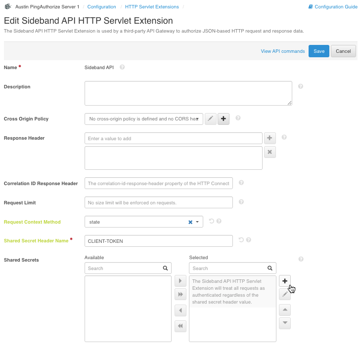 Screen capture of the Edit Sideband API HTTP Servlet Extension page in the PingAuthorize administrative console.