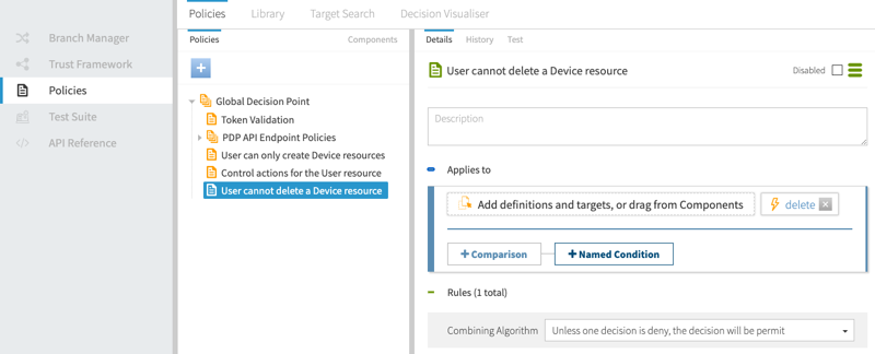 Screen capture of the Policies tab showing the User cannot delete a Device resource policy, configured as specified