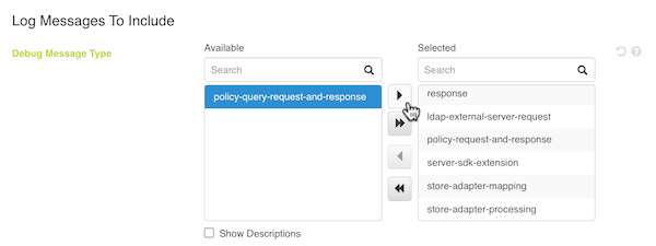 Screen capture of the Debug Message Type option under Log Messages to Include for the Debug Trace Logger, with the policy-query-request-and-response message type highlighted.