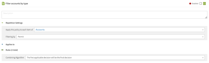 Screen capture of the Repetition Settings, including drop-down lists for Apply this policy to each item of and Filtering by