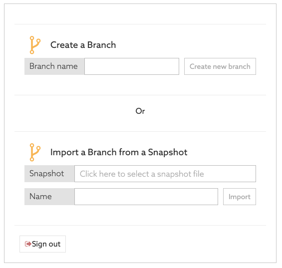 Screen capture of the Policy Editor’s Create a Branch Or Import a Branch from a Snapshot window. Fields include Branch name, Snapshot, and Name.