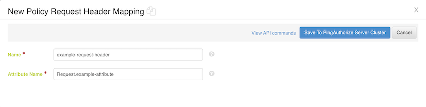 Screen capture of the New Policy Request Header Mapping page, with sample values included in the Name and Attribute Name fields