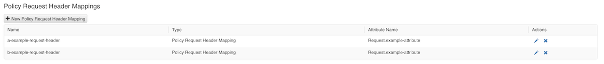 Screen capture of the Policy Request Header Mappings list in the admin console