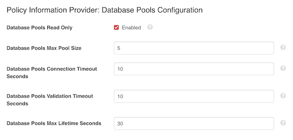 Screen capture of the Policy Information Provider: Database Pools Configuration section in the administrative console