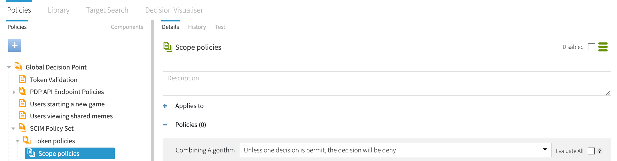 Screen capture of the Scope Policies policy set with the Combining Algorithm configured as specified