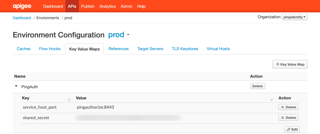 Screen capture of the Apigee Edge and Private Cloud key-value map configuration for the PingAuth shared flow