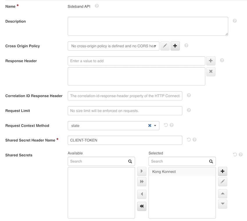 Screen capture of the "Sideband API" screen in the administrative console with the Request Context Method set to state, the Shared Secret Header Name set to CLIENT-TOKEN, and Kong Konnect added as the selected Shared Secret.