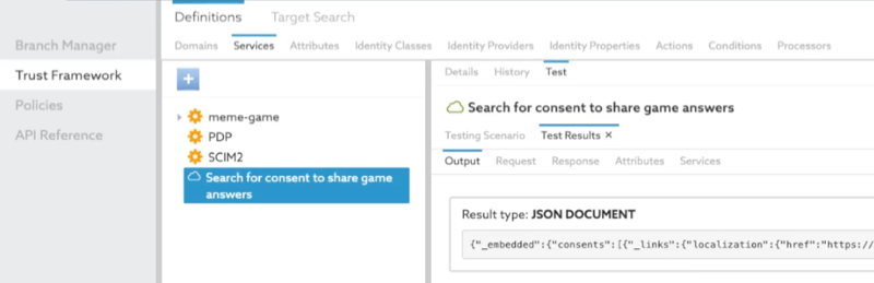 Screen capture that shows a test result that starts with \{"embedded":\{"consents":
